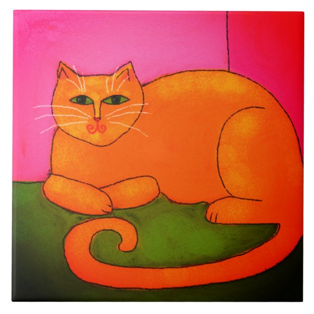 Tjock Orange Cat Abstrakt Digital Painting Kakelplatta (Framsidan)