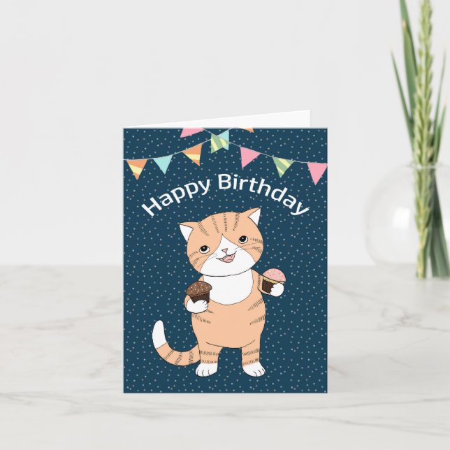 Tjock Orange Tabby Ginger Cat med muffinsar födels Kort (Framsida)
