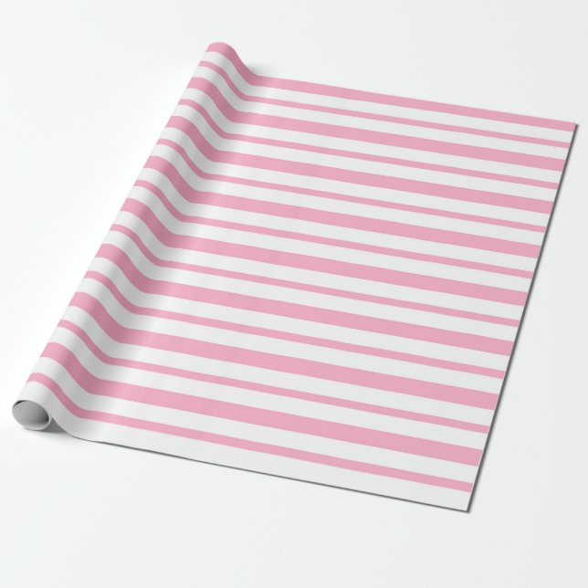 Tjocka och tunna rosa- och vitrandar presentpapper (Utrullad)