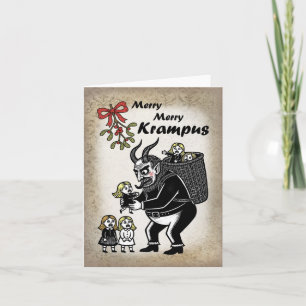 Tjocke Krampus Griper Tjejer Roligt Styggt Jul Helgkort