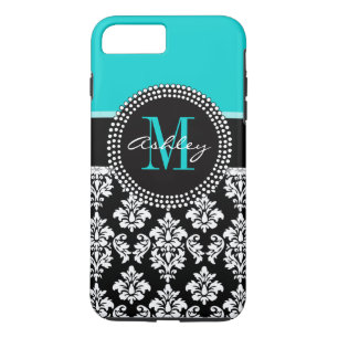 Tjockt Aqua Black Damask din Monogram Namn