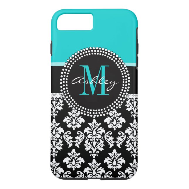 Tjockt Aqua Black Damask din Monogram Namn Case-Mate iPhone Skal (Baksida)