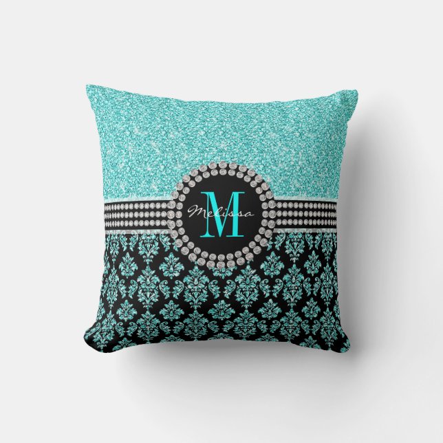 Tjockt Aqua Blue Glitter Monogram Damask Namn Kudde (Framsida)