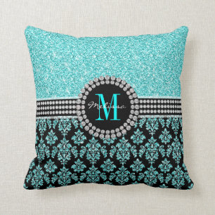 Tjockt Aqua Blue Glitter Monogram Damask Namn Kudde