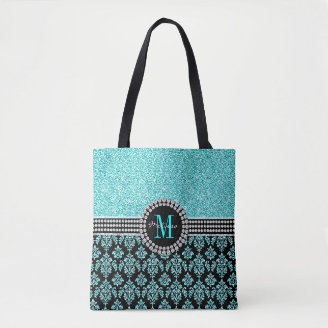 Tjockt Aqua Blue Glitter Monogram Damask Namn Tygkasse (Framsida)
