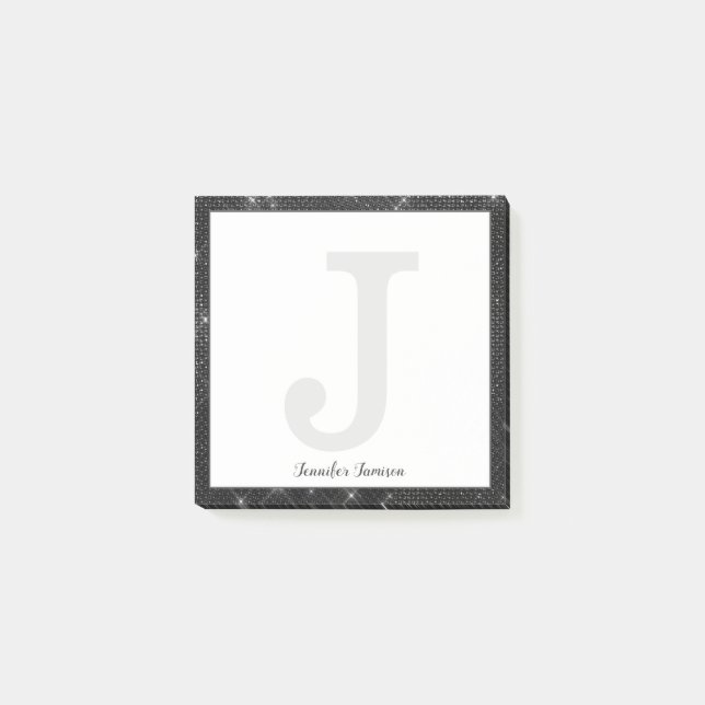 Tjockt svart romb Glitter liten monogram Namn Post-it Block (Framsida)