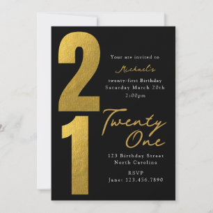 Tjugo Första 21-årsdag Svart Guld Modern Inbjudningar