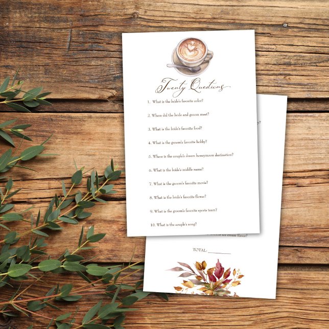 Tjugo frågor kärlek andas kaffekuschspel (Twenty questions love is brewing coffee fall shower game card cappuccino bridal shower games)
