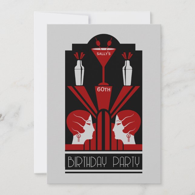 Tjugo leksaker Art Deco Birthday Inbjudningar (Framsida)