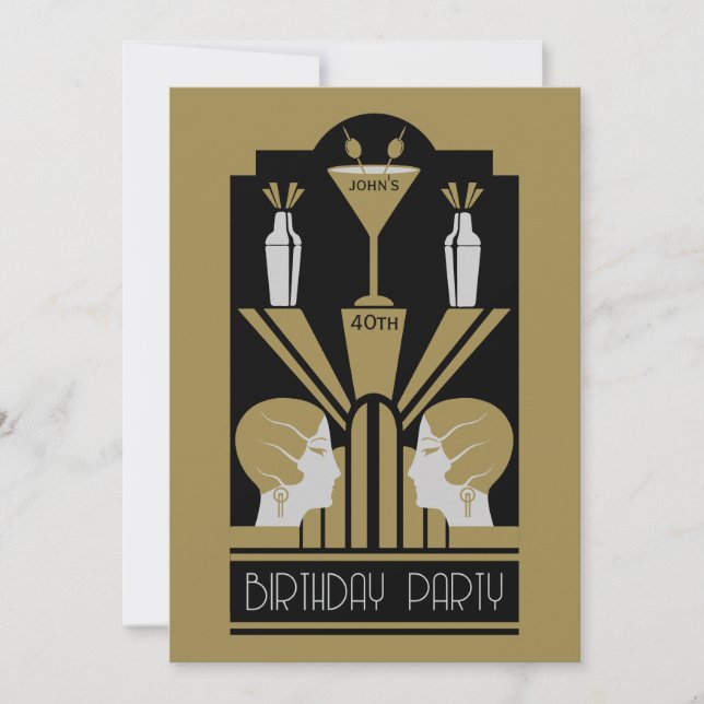 Tjugo leksaker Art Deco Birthday Inbjudningar (Framsida)