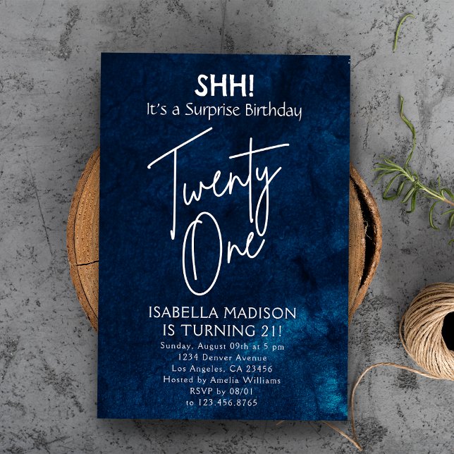 Tjugo på | 21:a födelsedag Party - marinblå Inbjudningar (Twenty On | Navy Blue 21st Birthday Surprise Party Invitation
)