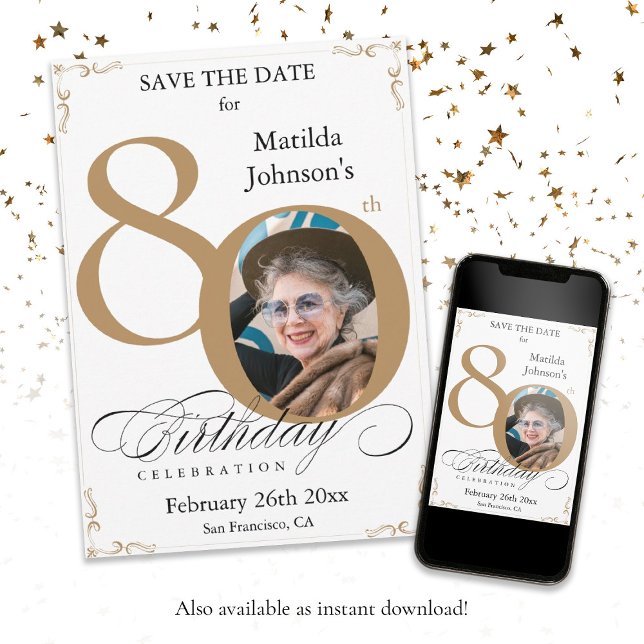 Tjugoårsjubileum för guld Vit 80-årsjubileum Inbjudningar (80th Birthday Gold White Save The Date Custom Invitation)
