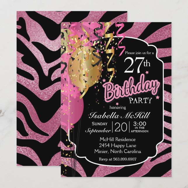 Tjugode dagen - Rosa och svart Zebra ränder Inbjudningar (Fram/baksida)
