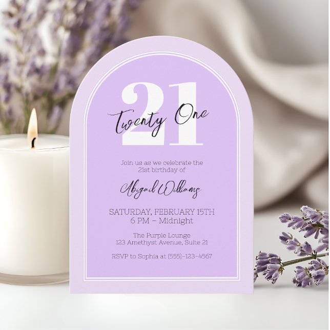 Tjugoen Lila Arch Elegant 21:a födelsedagen Party Inbjudningar (Twenty One Purple Arch Elegant 21st Birthday Party Invitation)