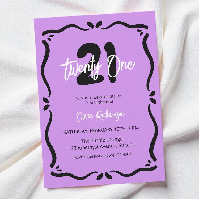 Tjugoen Lila Svart Elegant Chic 21-årsdag Inbjudningar (Twenty One Purple Black Elegant Chic 21st Birthday Invitation)