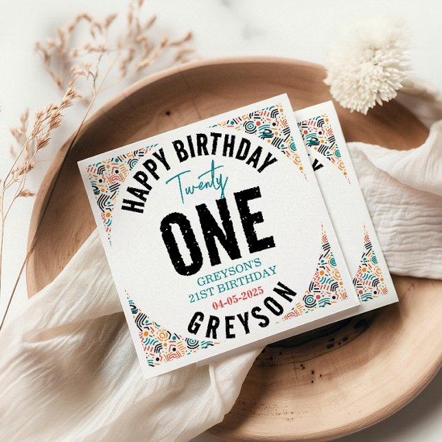 Tjugoett | Färgfull geometrisk 21:a födelsedag Pappersservett (Skapare uppladdad)