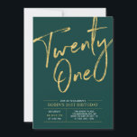 Tjugoett | Grönt & Guld Chic 21:a födelsedag Party Inbjudningar<br><div class="desc">Fira din speciella dag med den här enkla snyggten 21:a födelsedagsinbjudan. Den här designen har ett guld-penselskript i chic med en ren layout i kombinationen grönt och guld färg. Fler design finns på min butik BaraBomDesign.</div>