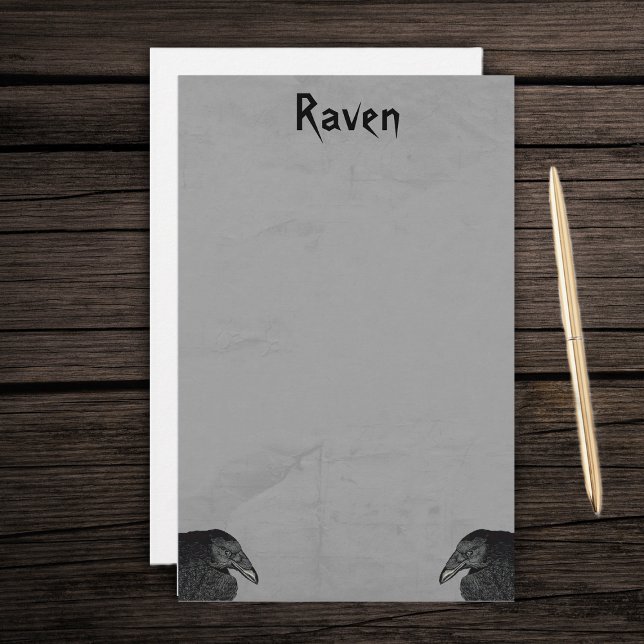 Tjugotypssvart raken på Grått Brevpapper (Heads of two black crows on marbled look grey stationery paper.)