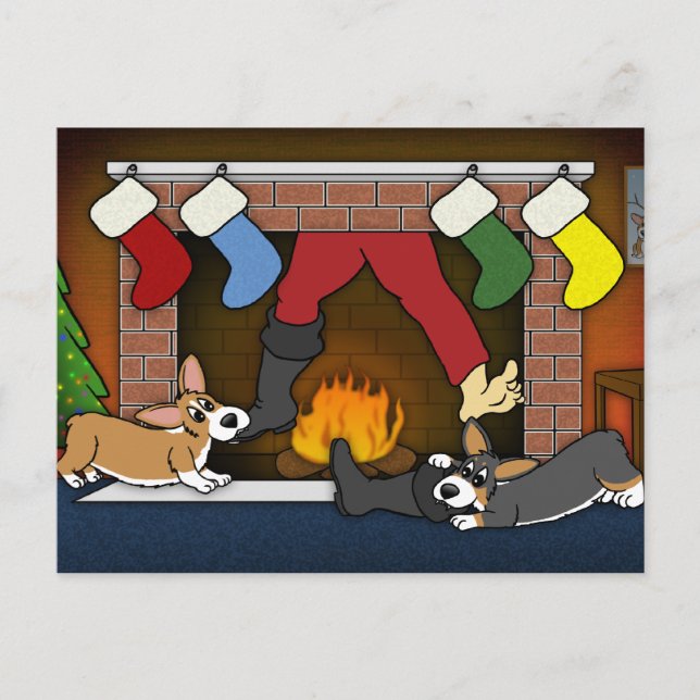 Tjuny Jul Fireplace Corgis Helg Vykort (Framsida)
