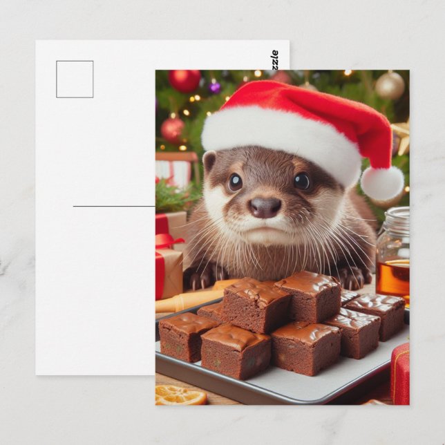 Tjuny Jultur Otter med Brownies för jul Vykort (Fram/baksida)