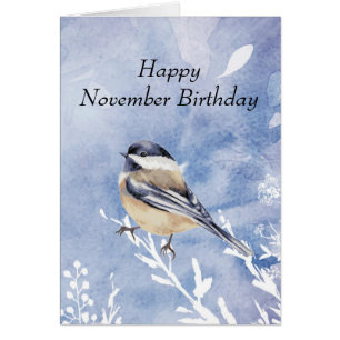 Tjuny November Birthday Winter Chickadee Bird Hälsningskort