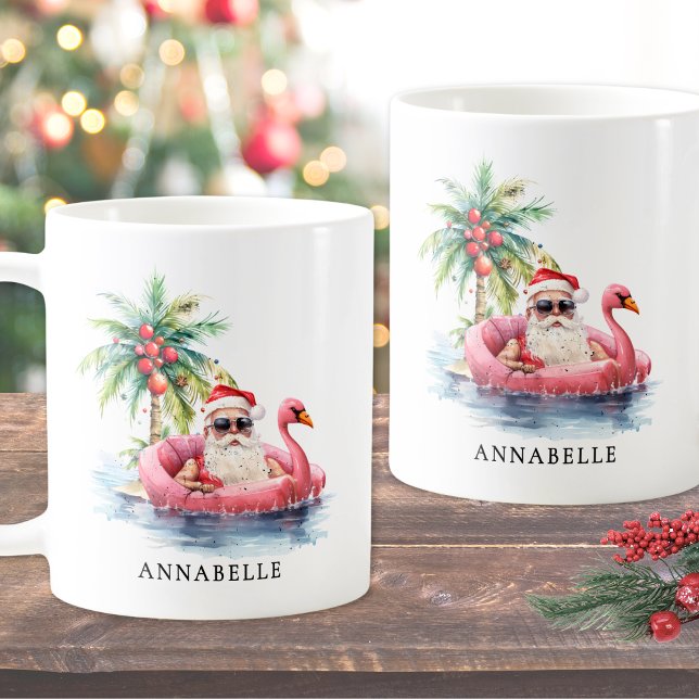 Tjuny Santa Flamingo Tropical Beach-jul Kaffemugg (Funny Santa Flamingo Tropical Beach Christmas Coffee Mug)