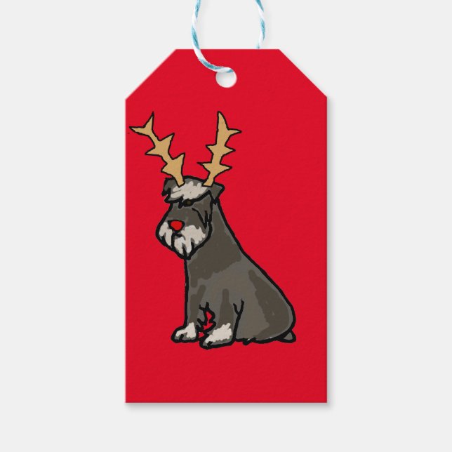 Tjuny Schnauzer med Reindeer Antlers jul Presentetikett (Framsidan)