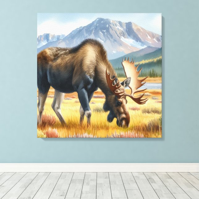 Tjur Älg Betar i Alaska Akvarell Canvastryck (Insitu (trägolv))