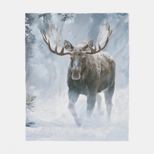 Tjur Älg Går Genom Boreal Snö Fleecefilt (Framsidan)