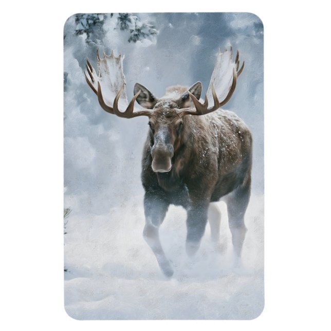 Tjur Älg Går Genom Boreal Snö Magnet (Vertikal)