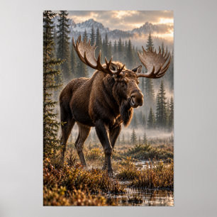 Tjur Älg i Bergsskog Våtmark Vilda Djur Vägg Poster
