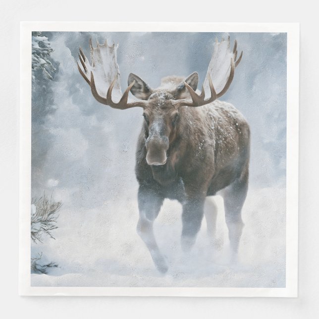 Tjurälg som går genom boreal snö pappersservett (Framsida)