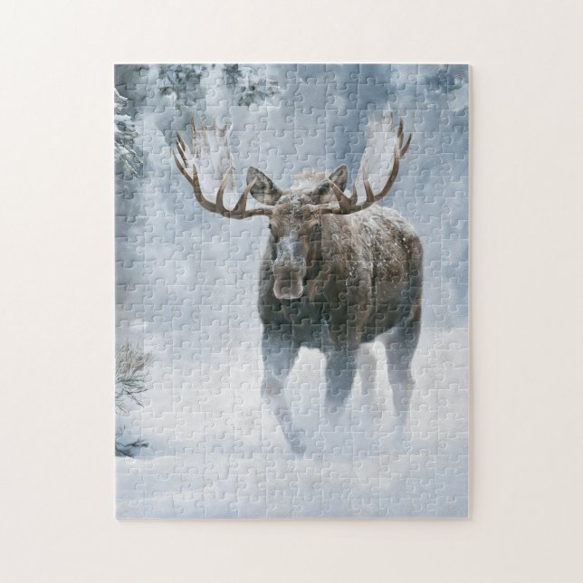 Tjurälg som går genom boreal snö pussel (Vertikal)