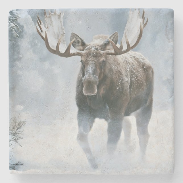 Tjurälg som går genom boreal snö stenunderlägg (Framsidan)