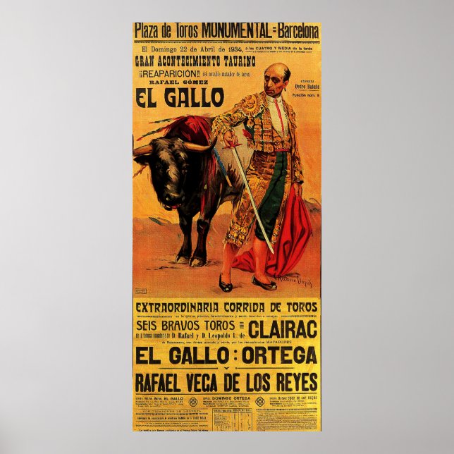 Tjurfäktningsarena, tjurfäktare, Barcelona, vintag Poster (Framsidan)