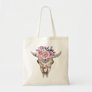 Tjurskalle & blommavattenfärgillustration tygkasse
