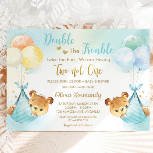 Tjusta Nallar Tvinga Boys Twin Blue Baby Shower Inbjudningar (Skapare uppladdad)