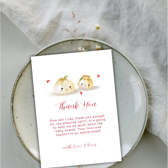 Tjuvnappsdusch för chmössor för spädbarn tack kort (Cute Dumpling Mushroom Twin Baby Shower Thank You Card)
