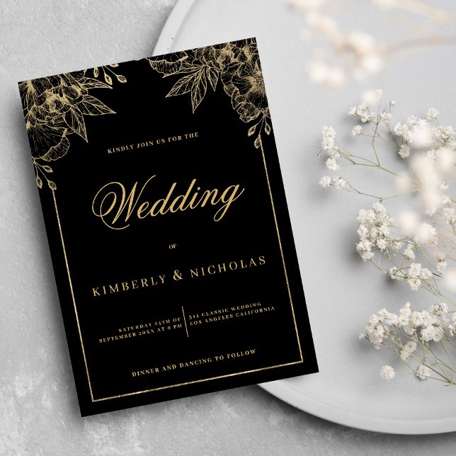 Tlyxsvart och guld blommigt bröllop inbjudningar (Luxury black and gold floral wedding )