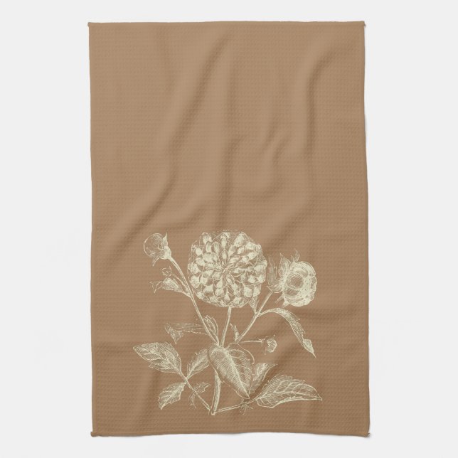 Tmålad Vintage Zinnia Illustration Brown Kökshandduk (Vertikal)