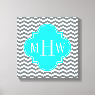 Tn Chevron Brt Aqua Quatrefoil 3 Monogram Canvastryck