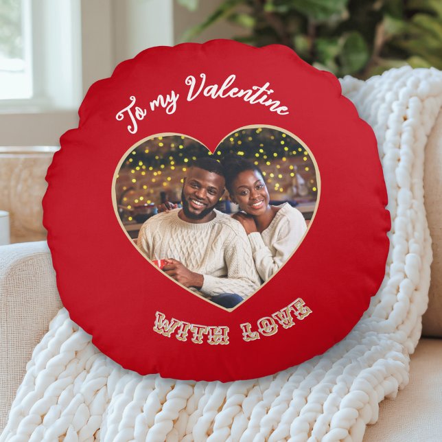 To My Valentine | Custom Photo Heart Red Rund Kudde (A round pillow in red with custom photo in a heart 'frame' and 'To my Valentine with love' words)