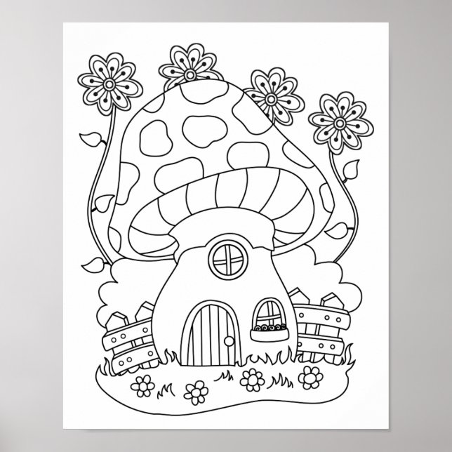 Toadstool Fairy House Färg Din egen Poster (Framsidan)