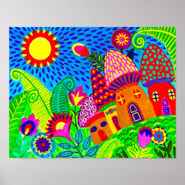 Toadstool Magic Garden Folk Art Skriv ut Poster (Framsidan)