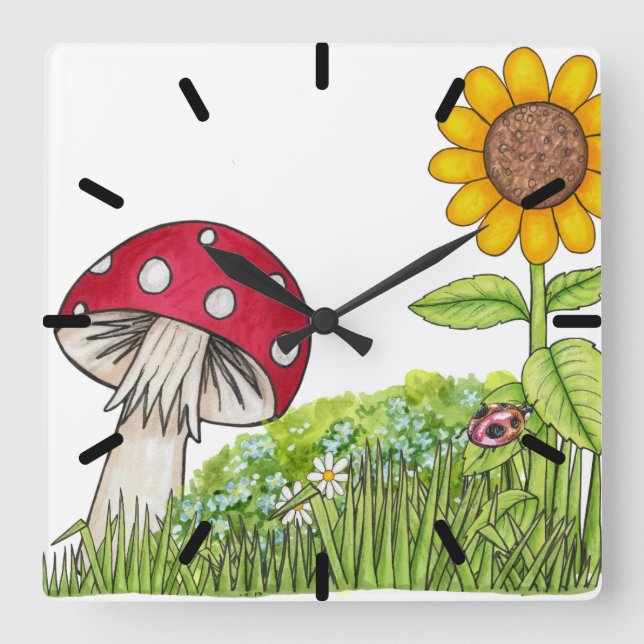 Toadstool och solrosklock fyrkantig klocka (Framsida)