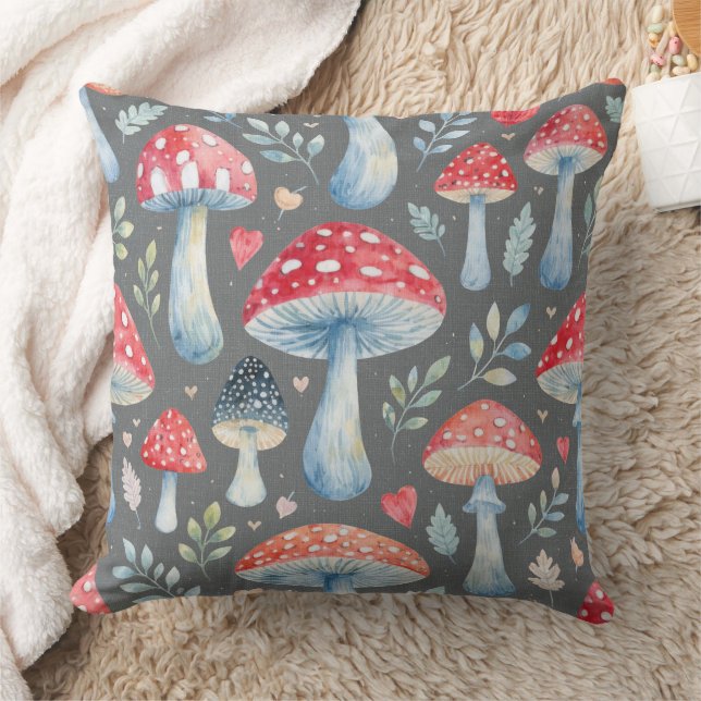 toadstool story in watercolor pattern throw pillow kudde (Filt)