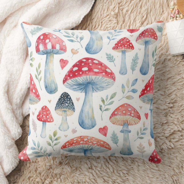 toadstool story in watercolor pattern throw pillow kudde (Filt)