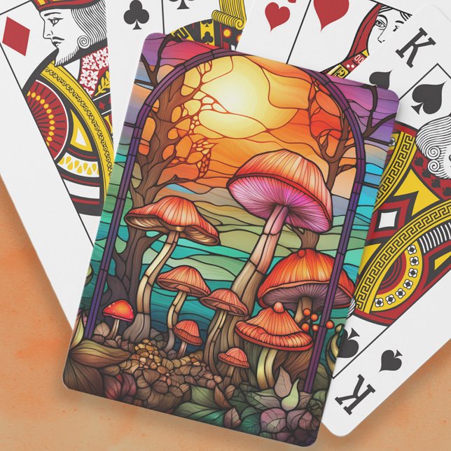 Toadstools Soluppgång i glaset Casinokort (Stained glass mushrooms playing cards)