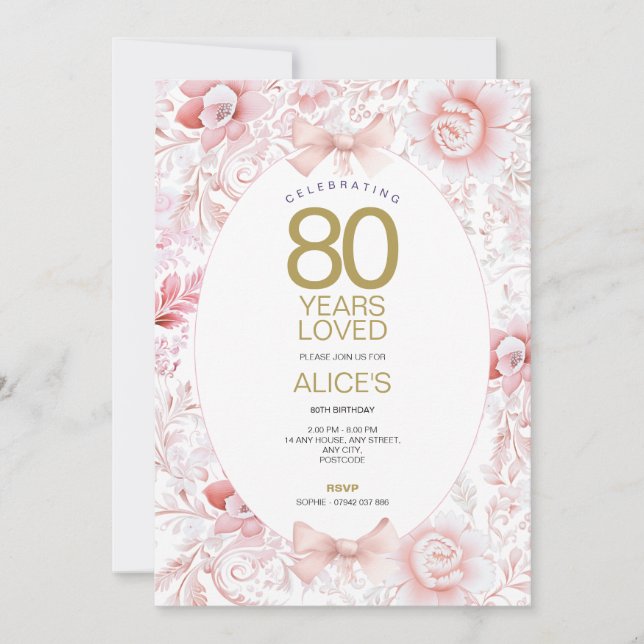 Toalettblomma Rosa & Guld 80-årsdag Inbjudningar (Framsida)