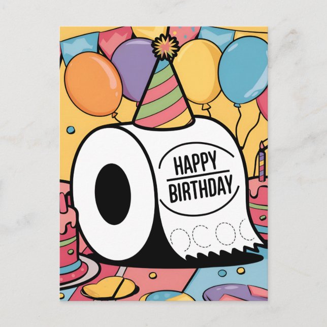 Toalettpapper med födelsedagsmössa ballonger vykort (Framsida)